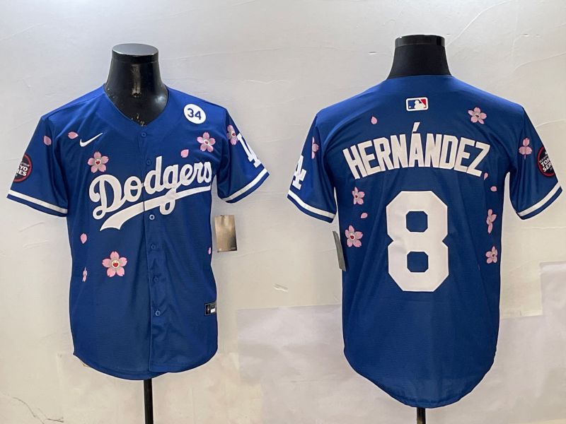 Men Los Angeles Dodgers 8 Hernandez Blue Sakura Edition 2025 Nike MLB Jersey style 4